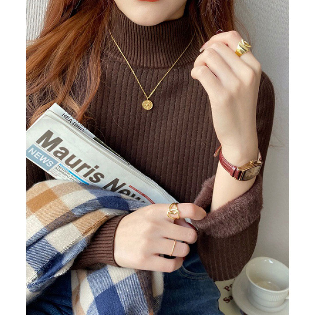 ニットトップス 裏起毛 ハイネック 厚手 ブラウン