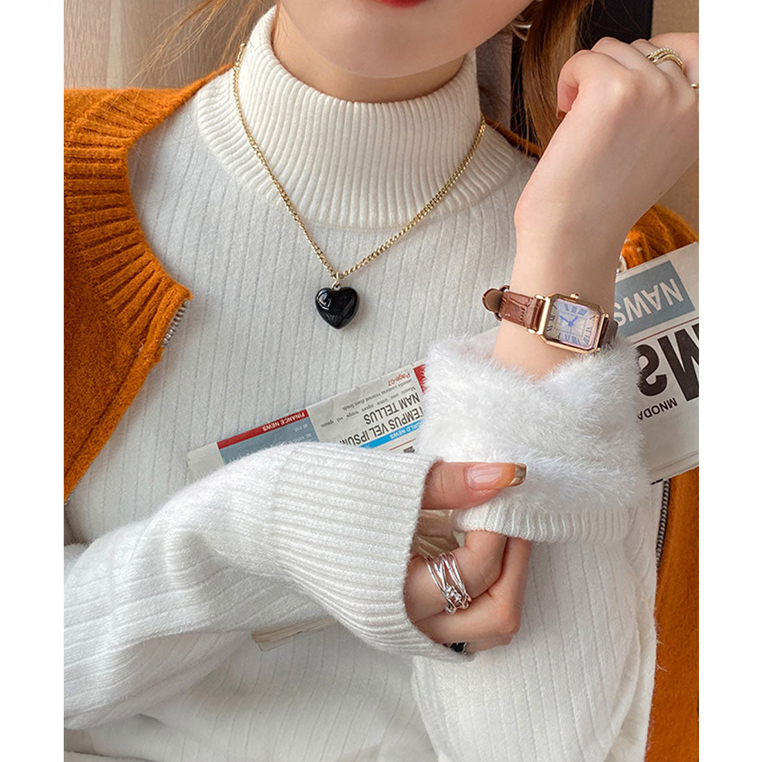 ニットトップス 裏起毛 ハイネック 厚手 ホワイト