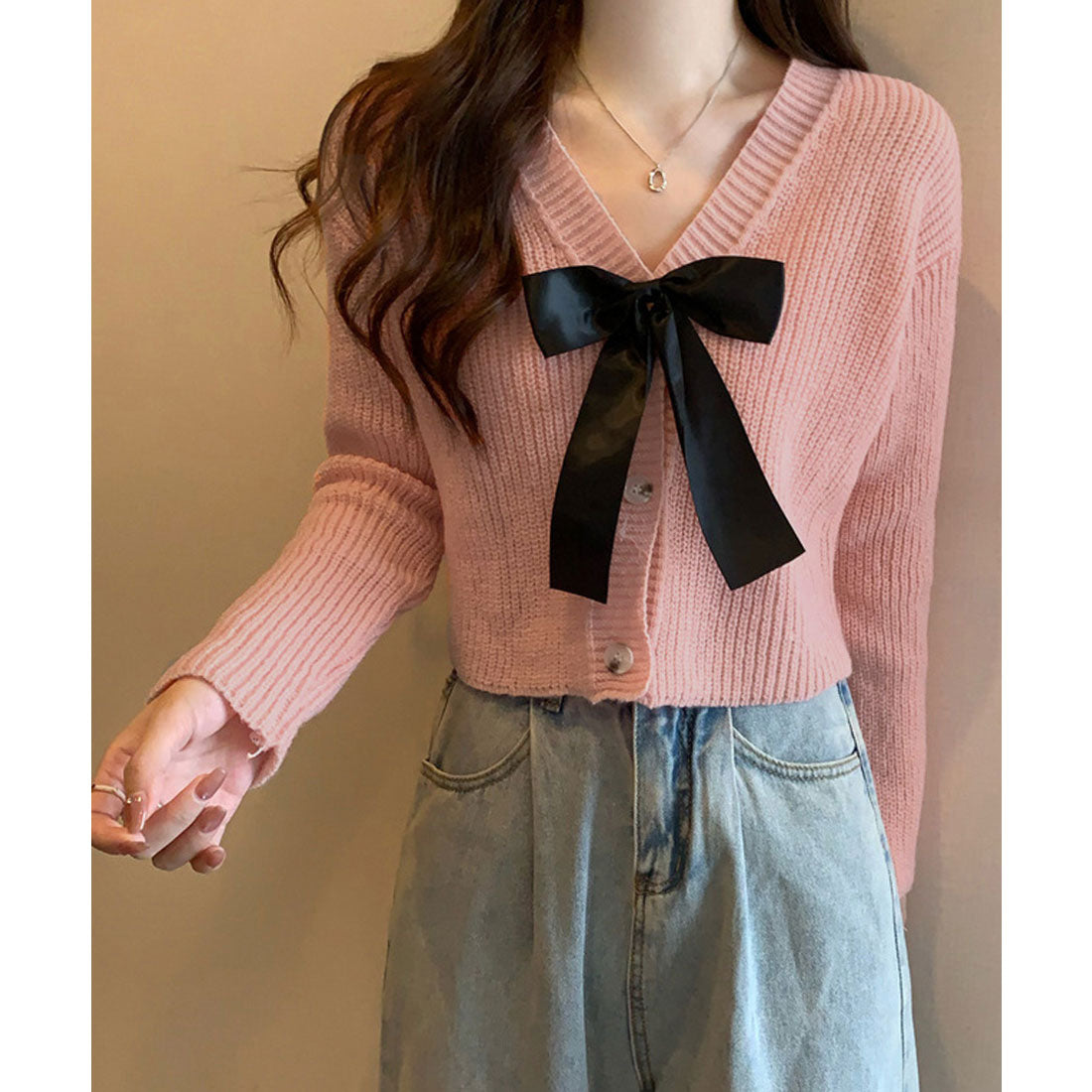 ミニミニストア miniministore ニットカーディガン リボン付 秋冬羽織り (ピンク) ピンク