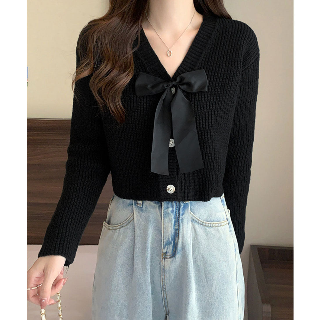 ミニミニストア miniministore ニットカーディガン リボン付 秋冬羽織り (ピンク) ピンク