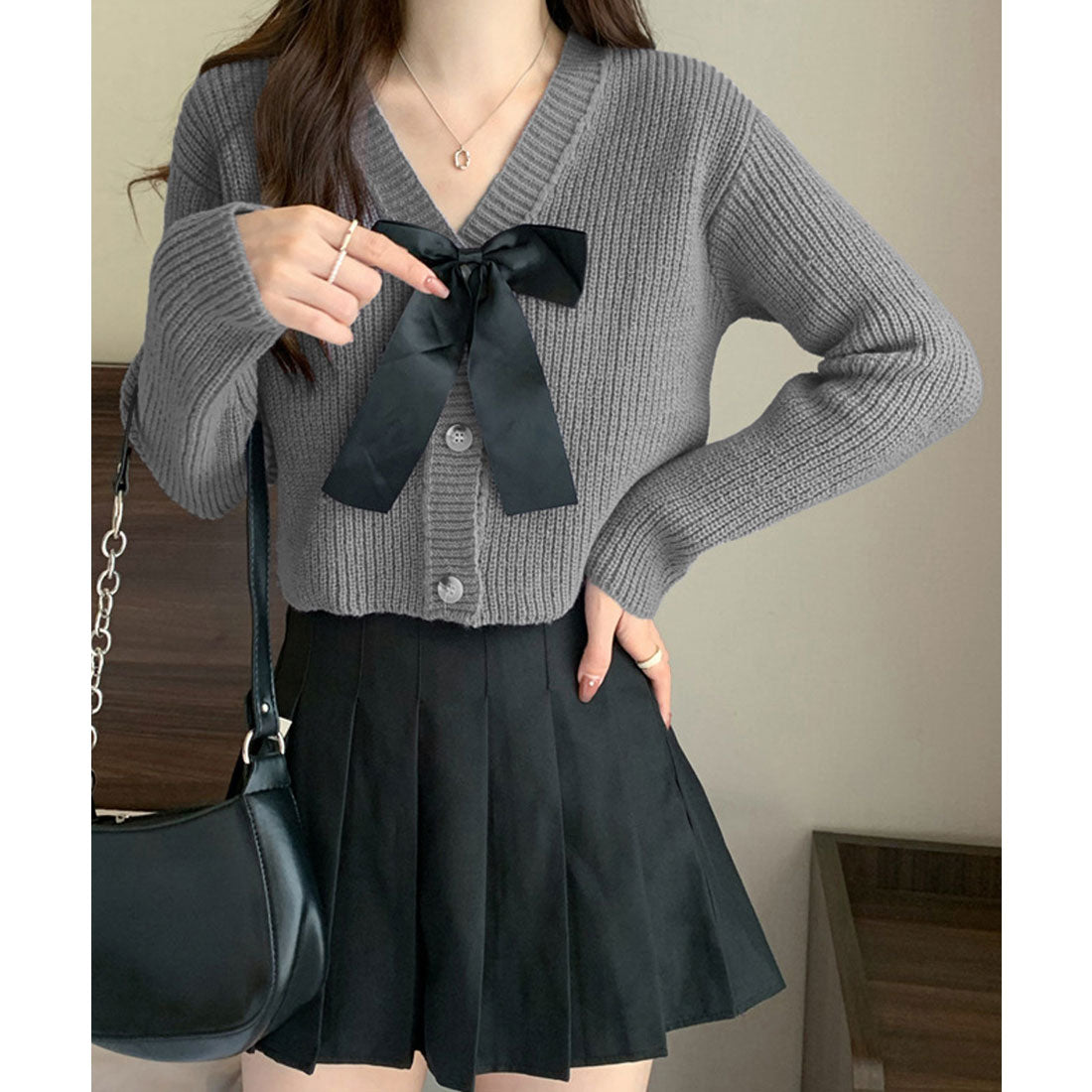 ミニミニストア miniministore ニットカーディガン リボン付 秋冬羽織り (ピンク) ピンク