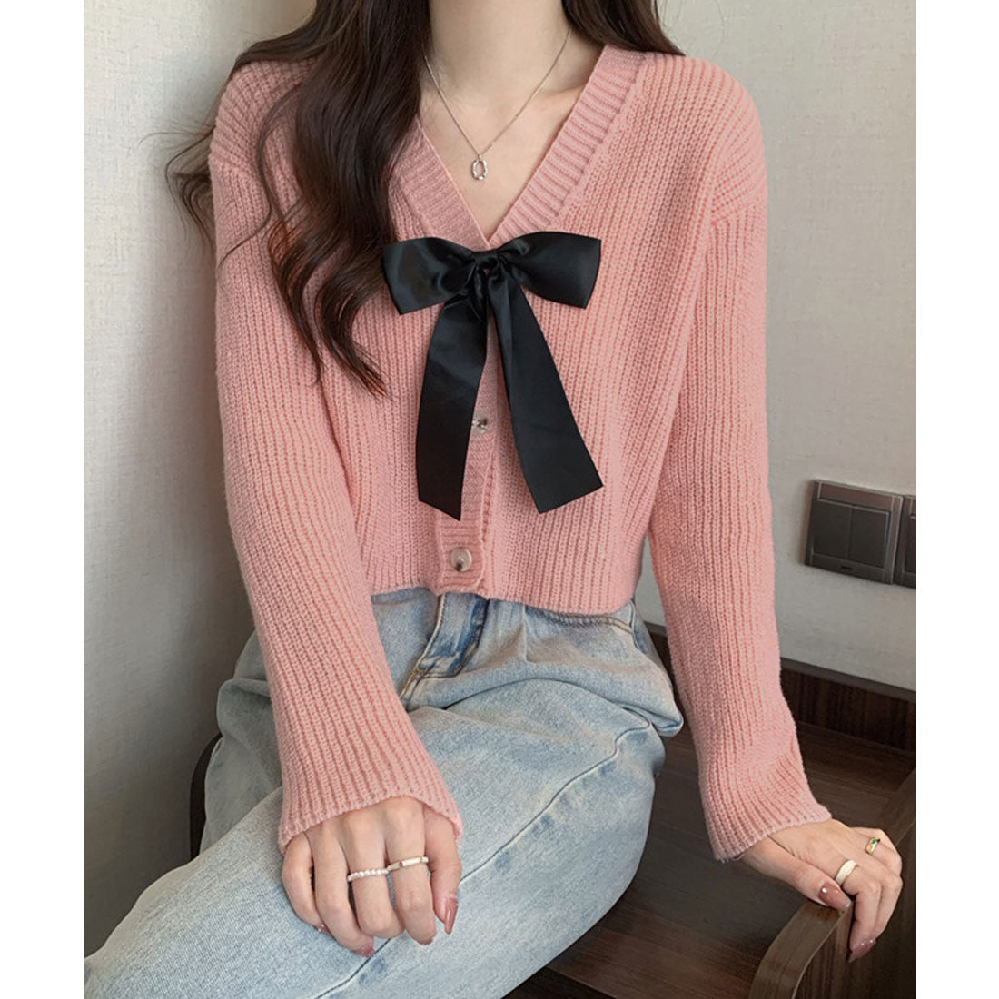 ミニミニストア miniministore ニットカーディガン リボン付 秋冬羽織り (ピンク) ピンク