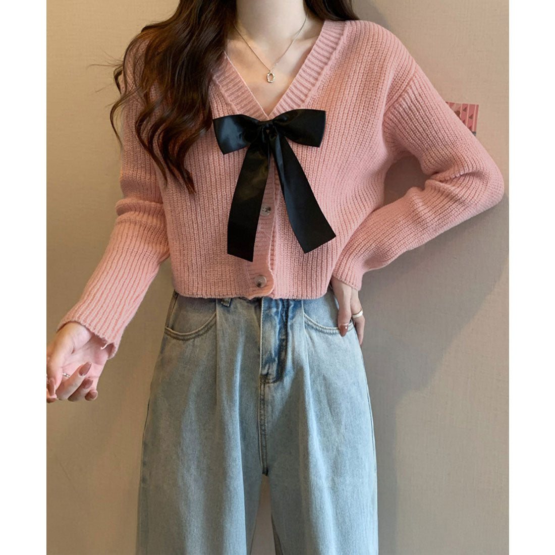 ミニミニストア miniministore ニットカーディガン リボン付 秋冬羽織り (ピンク) ピンク