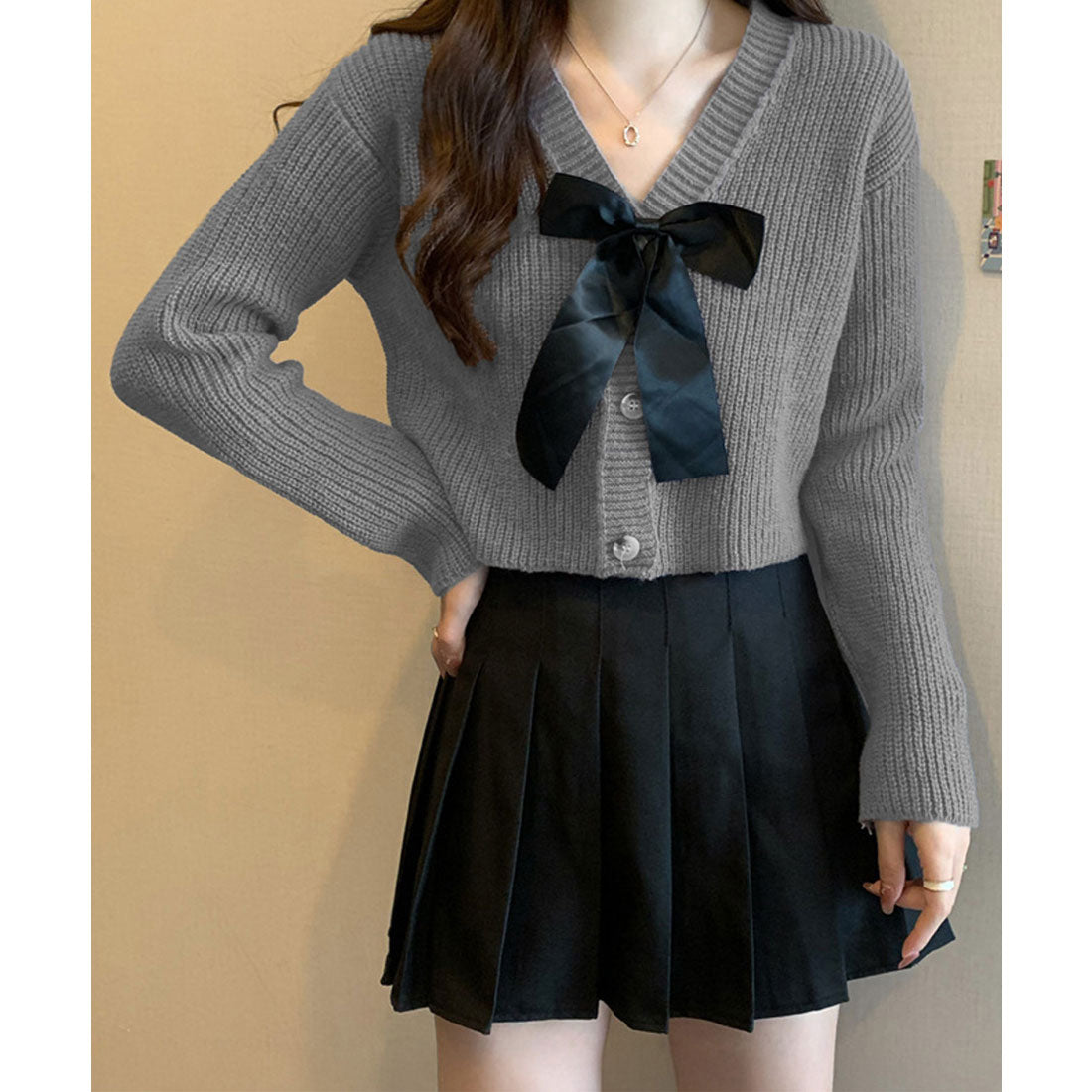 ミニミニストア miniministore ニットカーディガン リボン付 秋冬羽織り (ダークグレー) ダークグレー