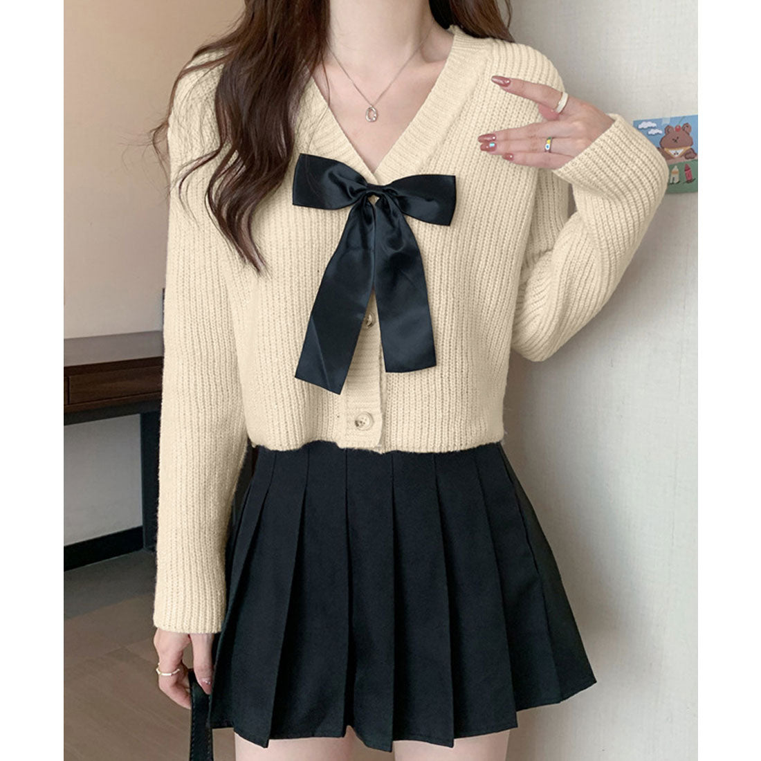 ミニミニストア miniministore ニットカーディガン リボン付 秋冬羽織り (ライトベージュ) ライトベージュ