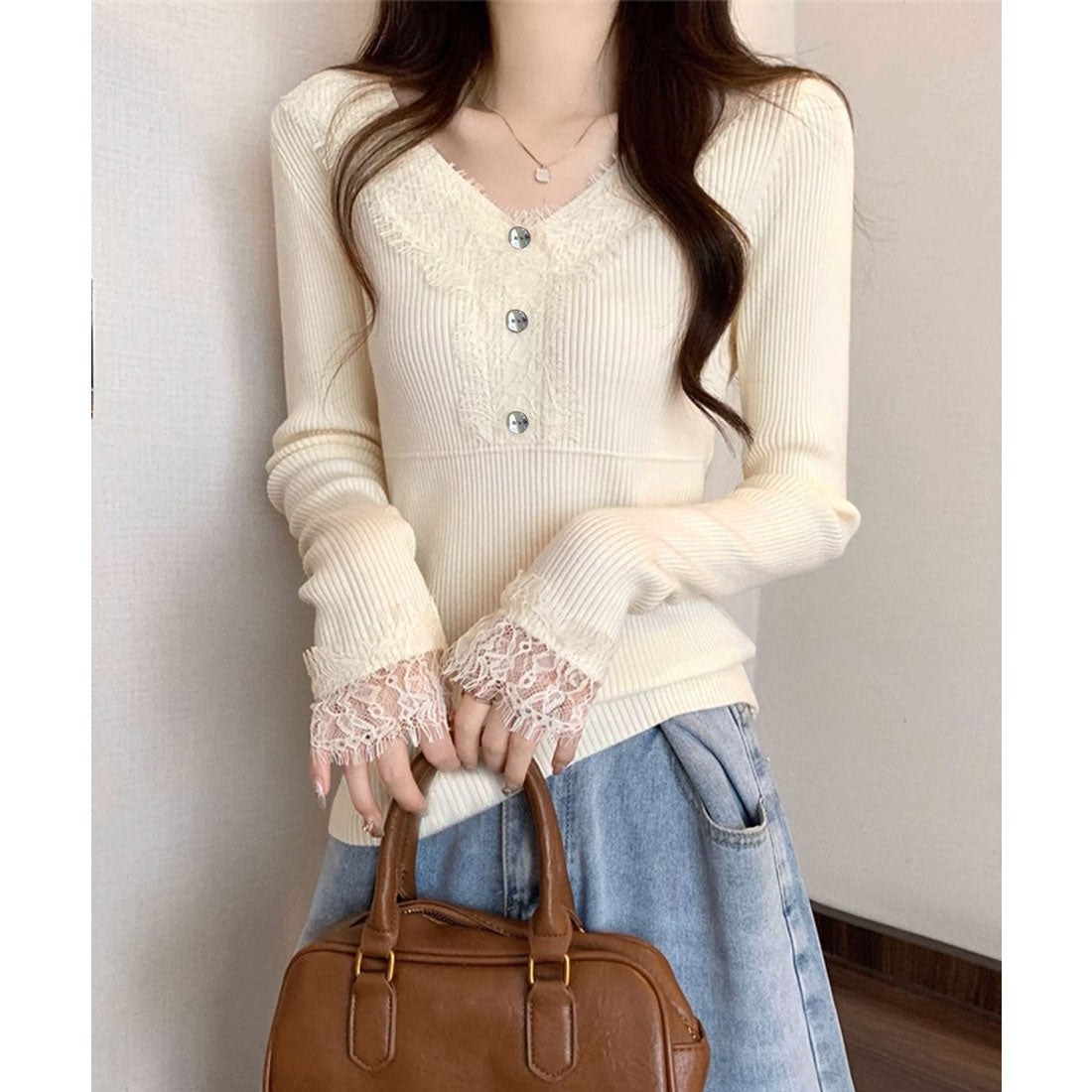 miniministore miniministore knit top lace switch rib knit