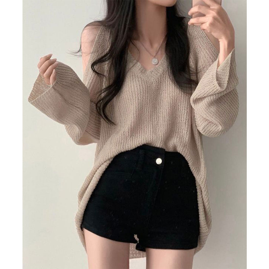 Shoulder-exposing knit women's V-neck