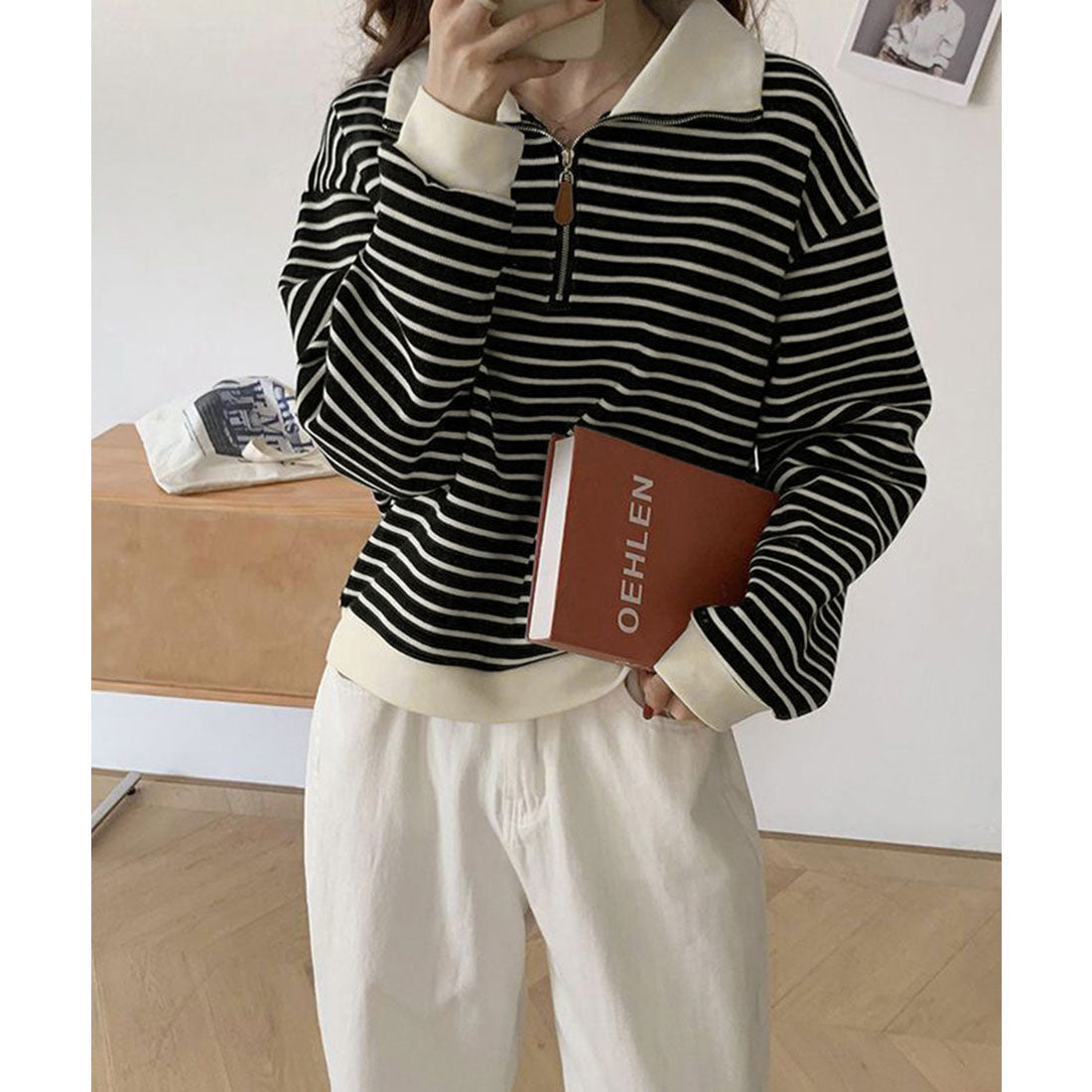 ミニミニストア miniministore ハーフジップニットポロ ボーダートップス (アイボリー) アイボリー