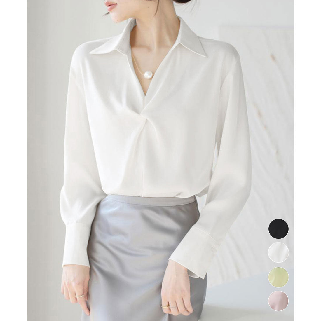 ミニミニストア miniministore ツイストブラウス長袖ブラウスVネック上品 (ホワイト) ホワイト