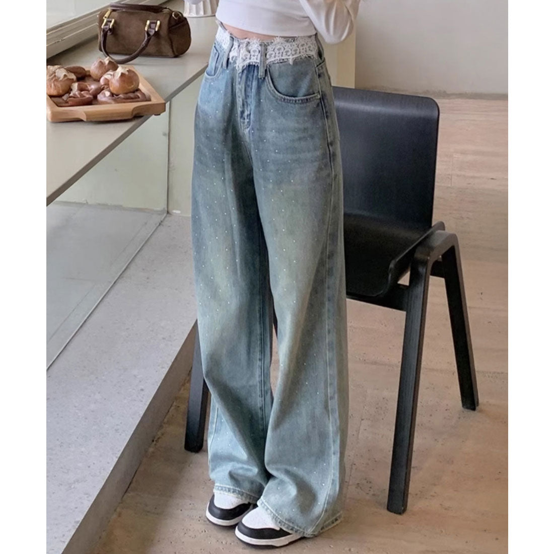 レースウエストデニムパンツビジューデニム サックスブルー