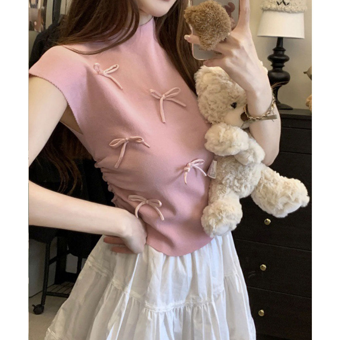 ミニミニストア miniministore リボン付きリブニット プチハイネック夏服 (ピンク) ピンク