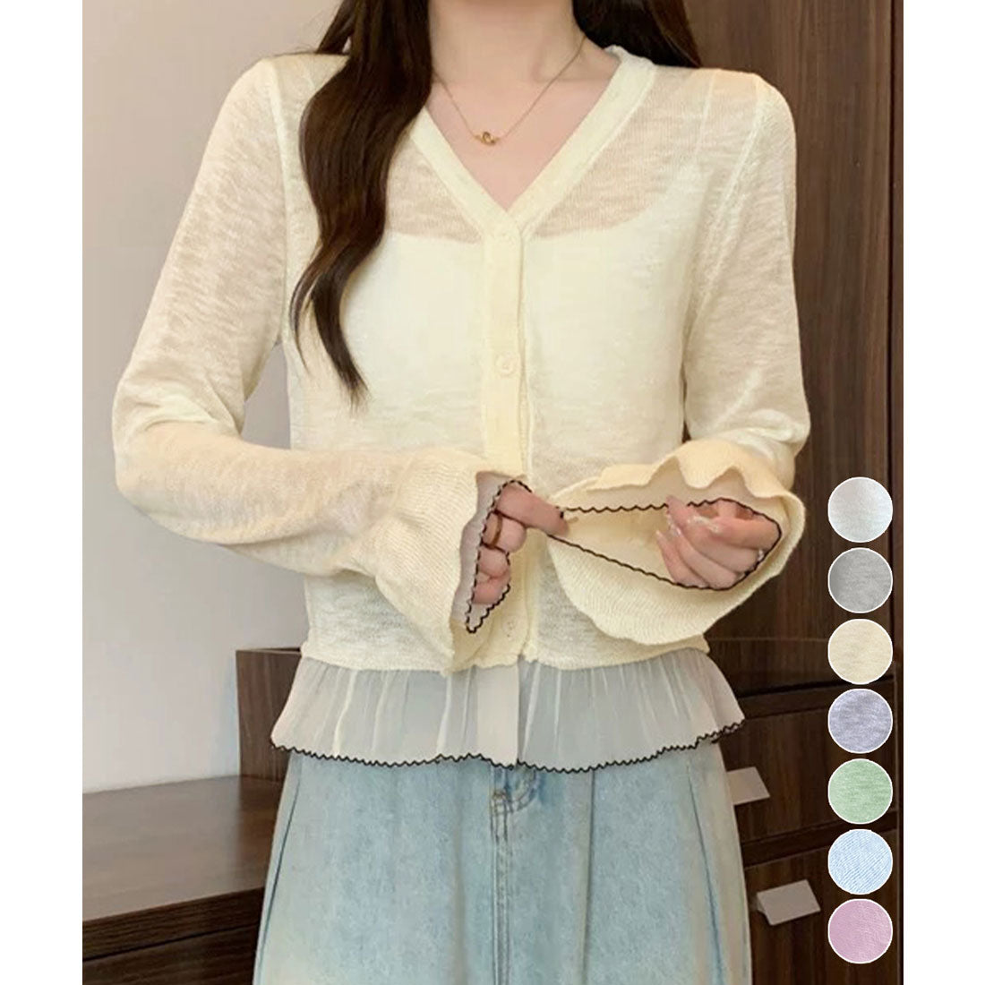 ミニミニストア miniministore ニットカーディガンフリル裾ニットトップス (ライトブルー) ライトブルー