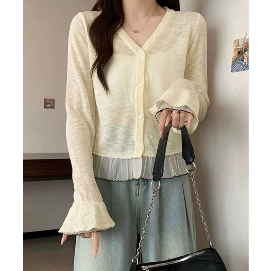 ミニミニストア miniministore ニットカーディガンフリル裾ニットトップス (ライトブルー) ライトブルー