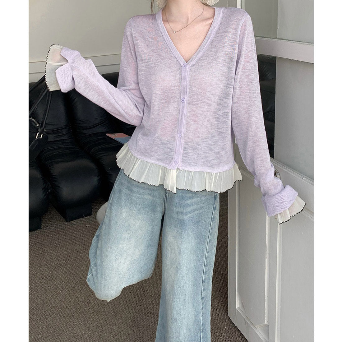 ミニミニストア miniministore ニットカーディガンフリル裾ニットトップス (ライトブルー) ライトブルー