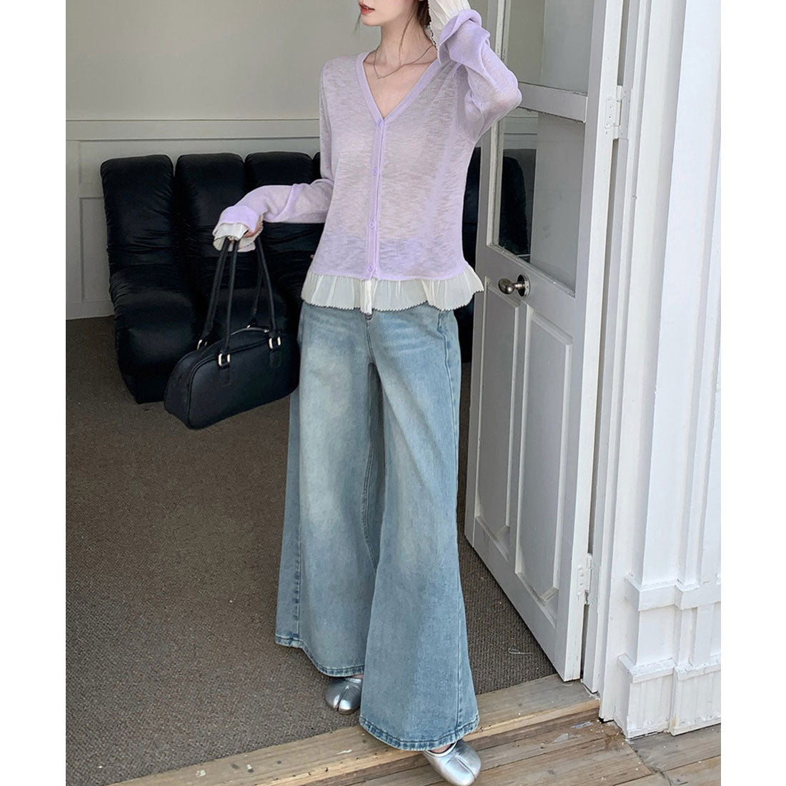 ミニミニストア miniministore ニットカーディガンフリル裾ニットトップス (ライトブルー) ライトブルー