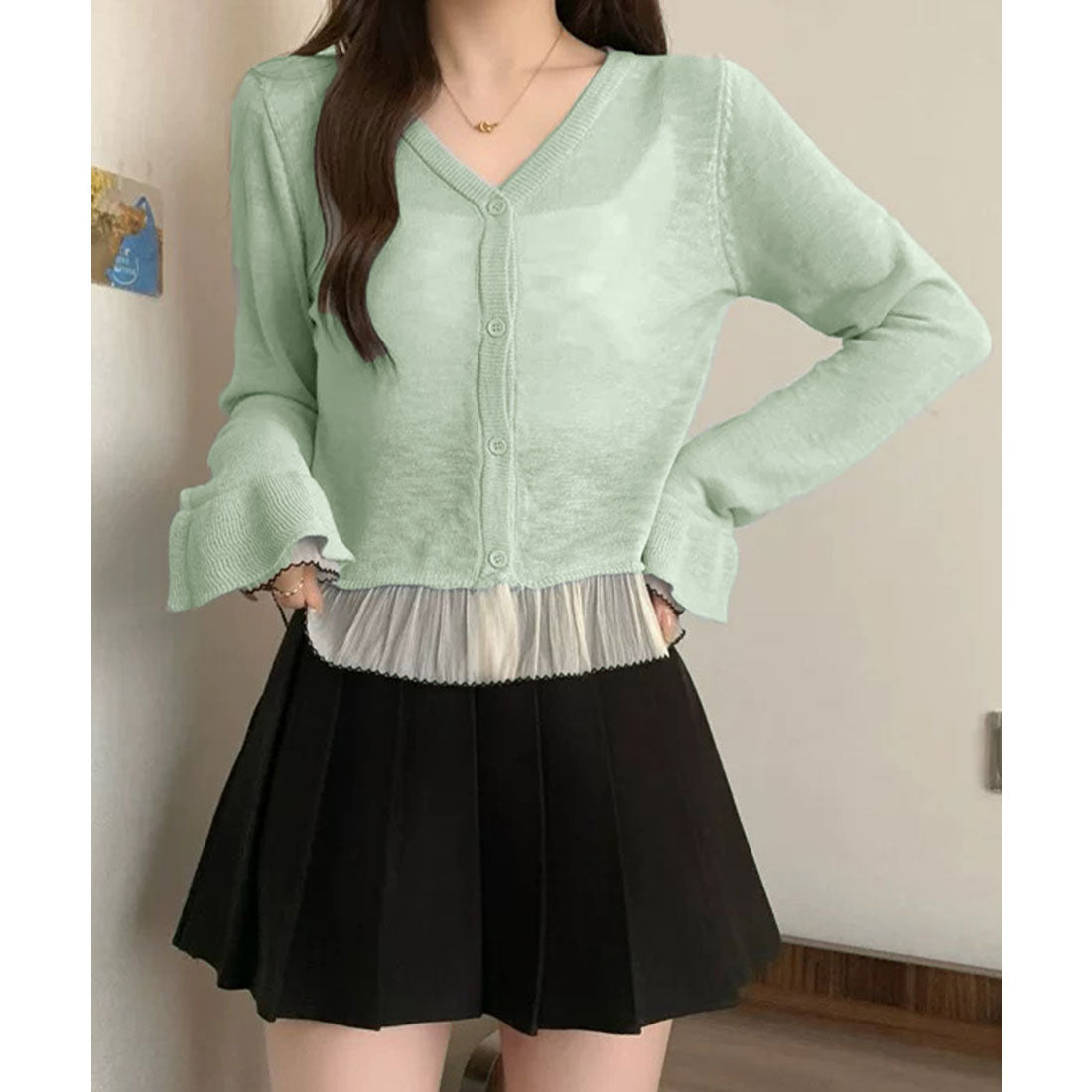 ミニミニストア miniministore ニットカーディガンフリル裾ニットトップス (ライトブルー) ライトブルー