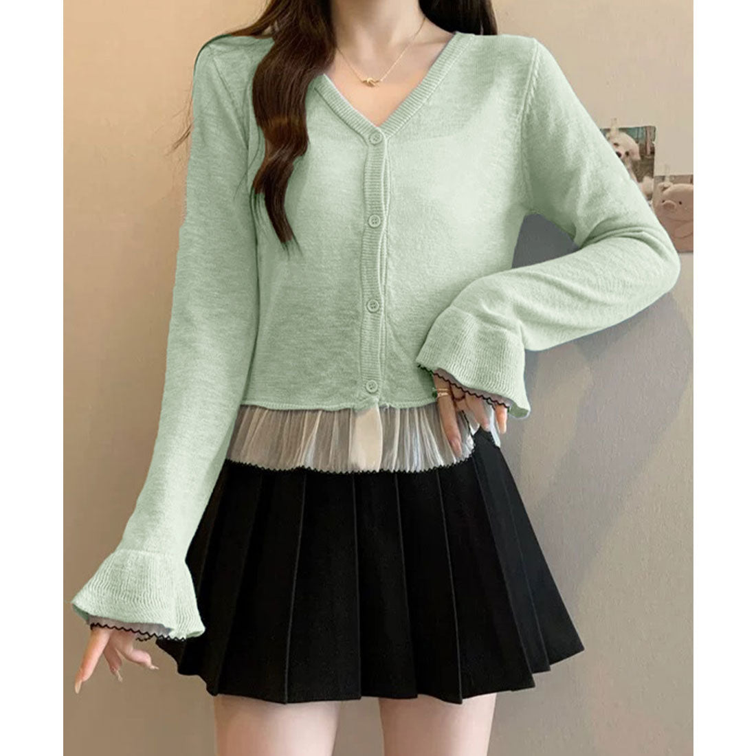 ミニミニストア miniministore ニットカーディガンフリル裾ニットトップス (ライトブルー) ライトブルー