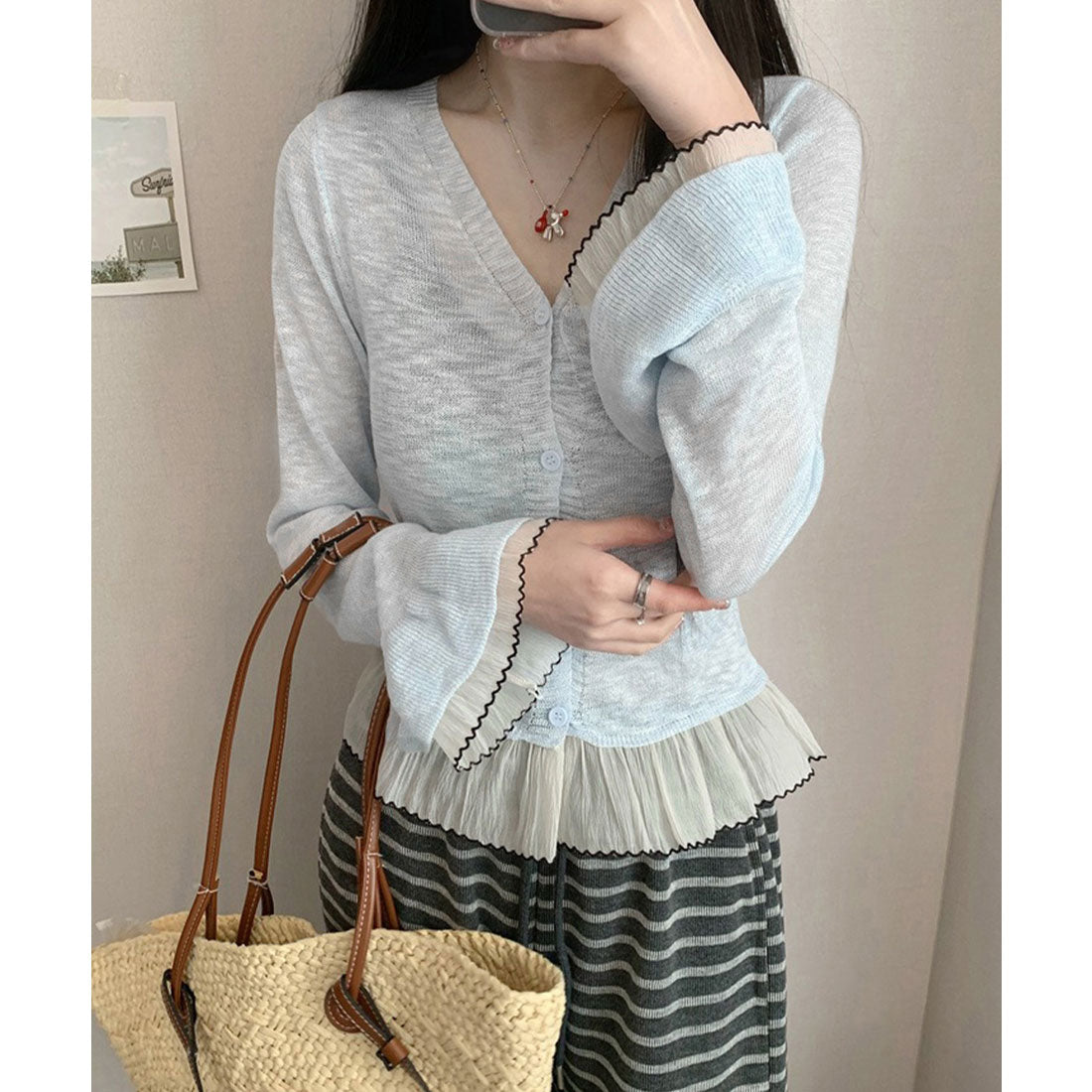 ミニミニストア miniministore ニットカーディガンフリル裾ニットトップス (ライトブルー) ライトブルー