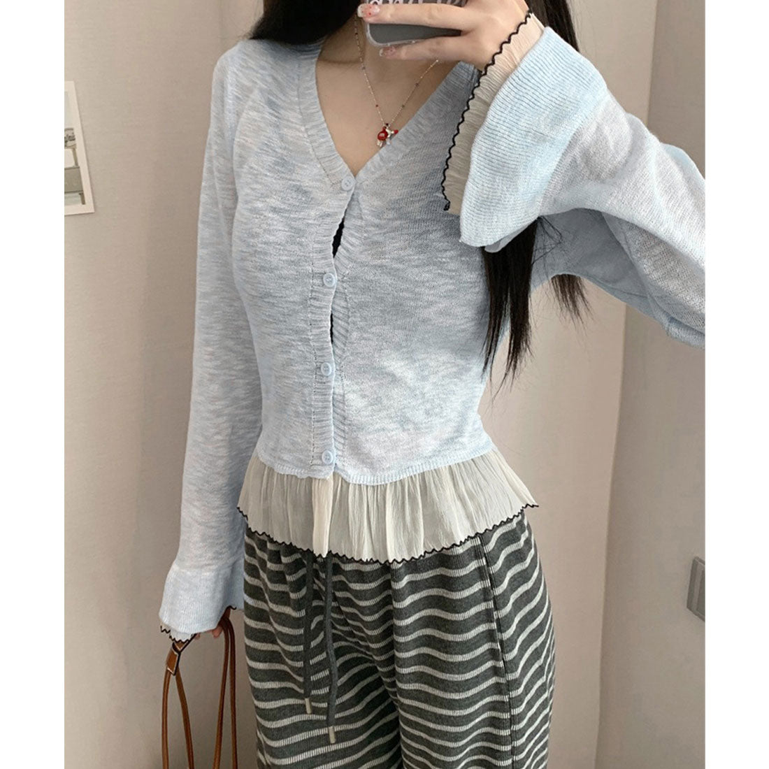 ミニミニストア miniministore ニットカーディガンフリル裾ニットトップス (ライトブルー) ライトブルー
