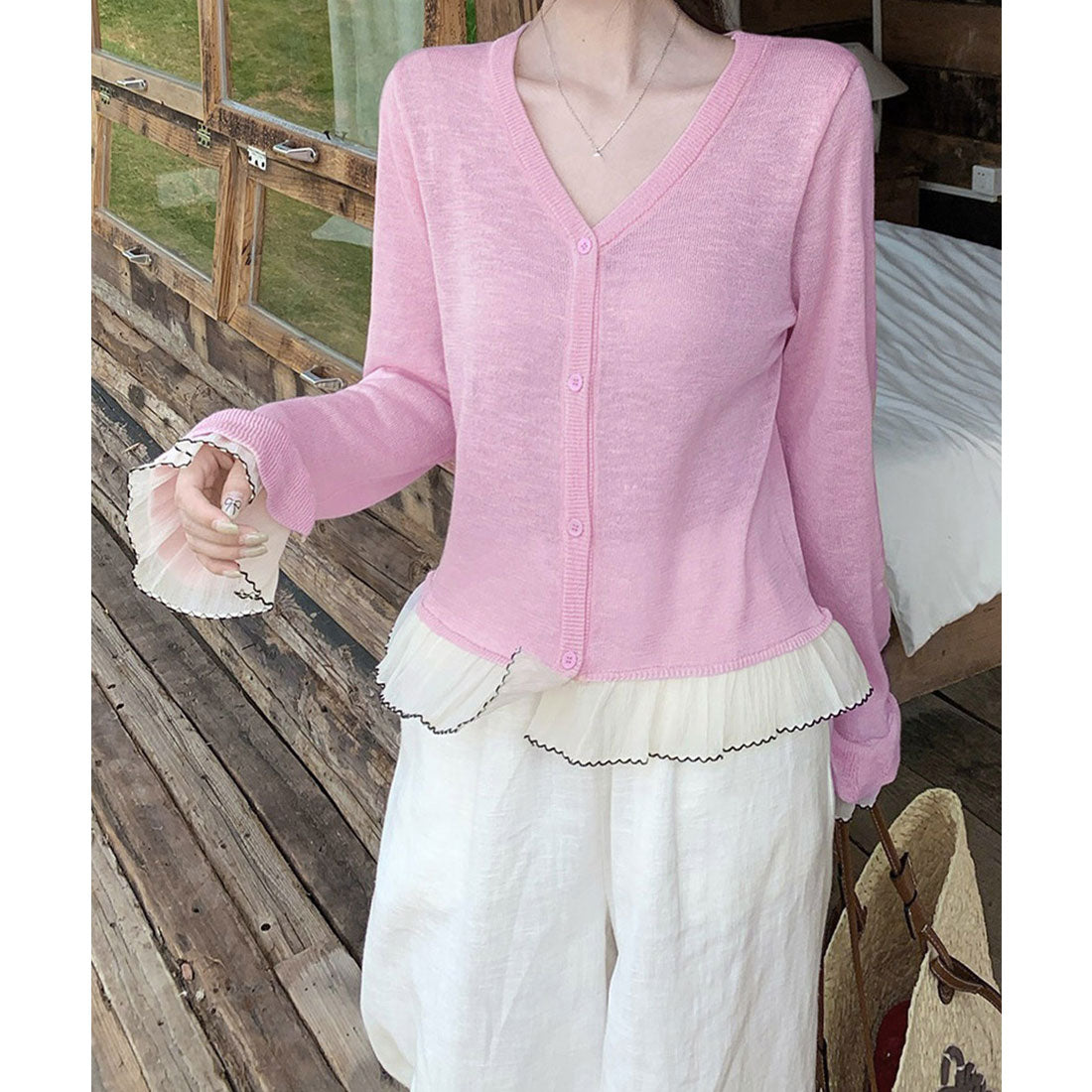 ミニミニストア miniministore ニットカーディガンフリル裾ニットトップス (ライトブルー) ライトブルー