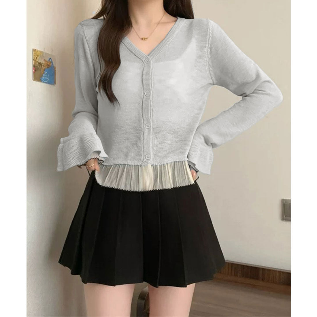 ミニミニストア miniministore ニットカーディガンフリル裾ニットトップス (グレー) グレー