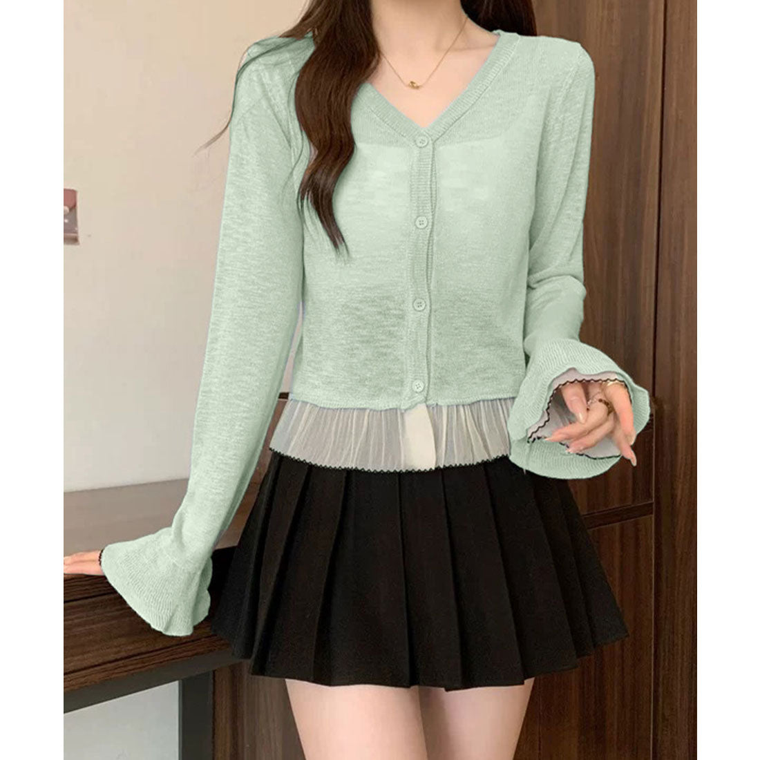 ミニミニストア miniministore ニットカーディガンフリル裾ニットトップス (ミント) ミント