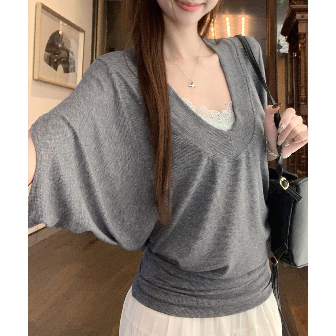 ミニミニストア miniministore VネックTシャツ レースキャミソール単品 (グレー系2(キャミ)) グレー系2(キャミ)