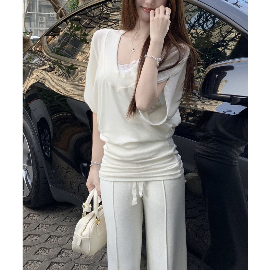 ミニミニストア miniministore VネックTシャツ レースキャミソール単品 (グレー系2(キャミ)) グレー系2(キャミ)