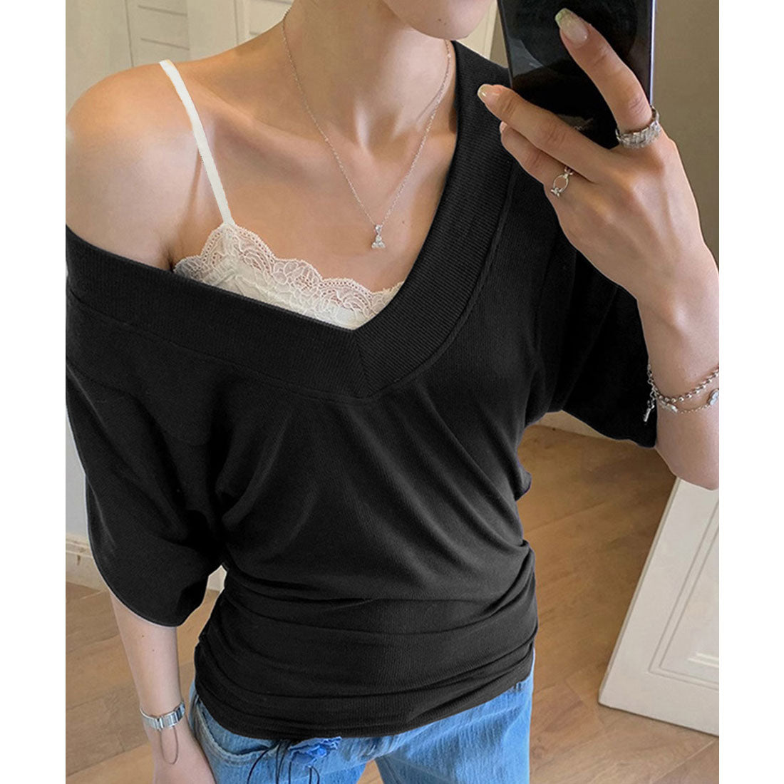 ミニミニストア miniministore VネックTシャツ レースキャミソール単品 (ブラック系1(トップス)) ブラック系1(トップス)