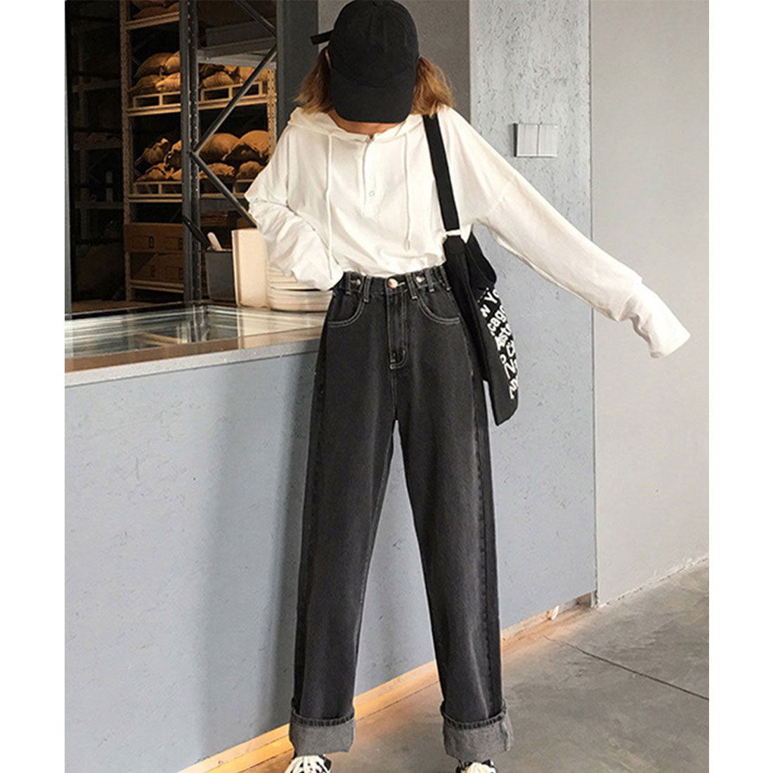 ハイウエストデニムパンツ ウエストボタン アイボリー