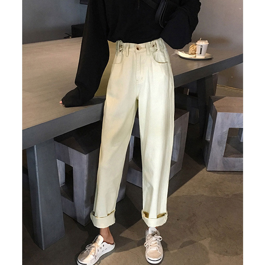 ハイウエストデニムパンツ ウエストボタン アイボリー