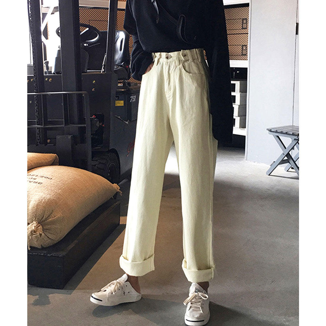 ハイウエストデニムパンツ ウエストボタン アイボリー