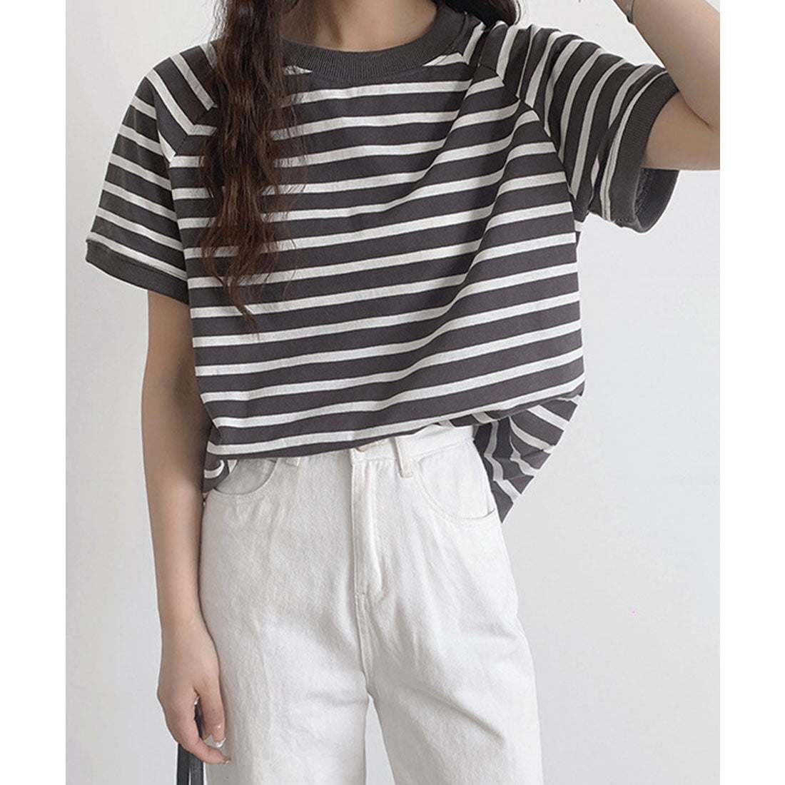 ミニミニストア miniministore ボーダーTシャツ 半袖チュニックTシャツ (ベージュ) ベージュ