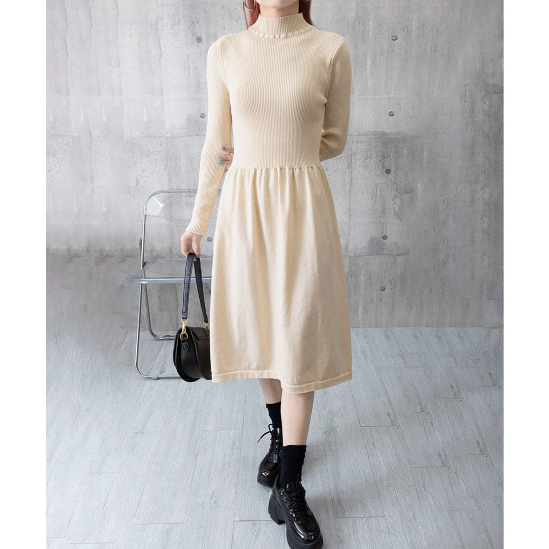 ミニミニストア miniministore ミドル丈ニットワンピースハイネックワンピ (ベージュ) ベージュ