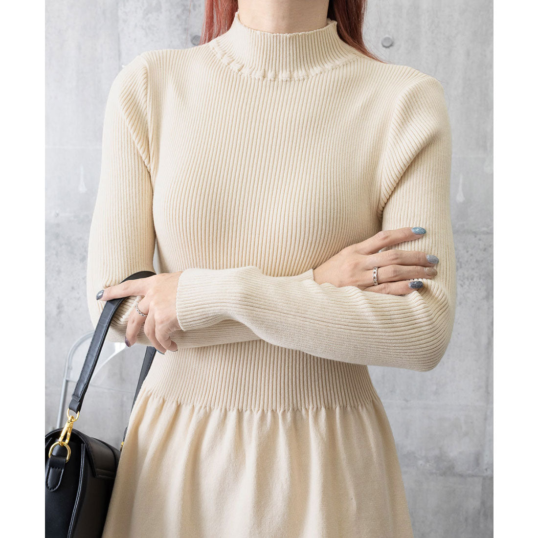ミニミニストア miniministore ミドル丈ニットワンピースハイネックワンピ (ベージュ) ベージュ