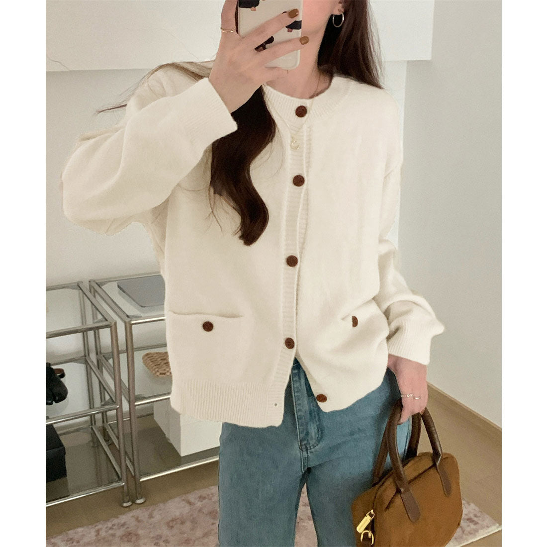 ミニミニストア miniministore ニットカーディガン ポケット付き 秋冬服 (ブラック) ブラック