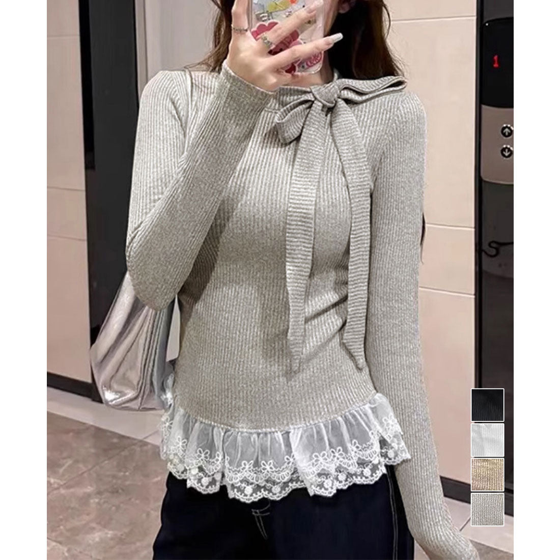 ミニミニストア miniministore リボンネックニット 裾レースカットソー秋 (ブラック) ブラック