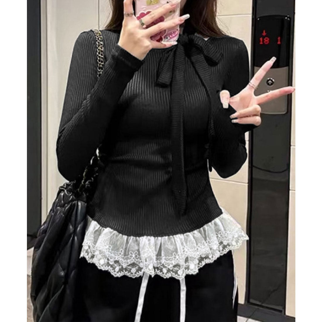 ミニミニストア miniministore リボンネックニット 裾レースカットソー秋 (ブラック) ブラック