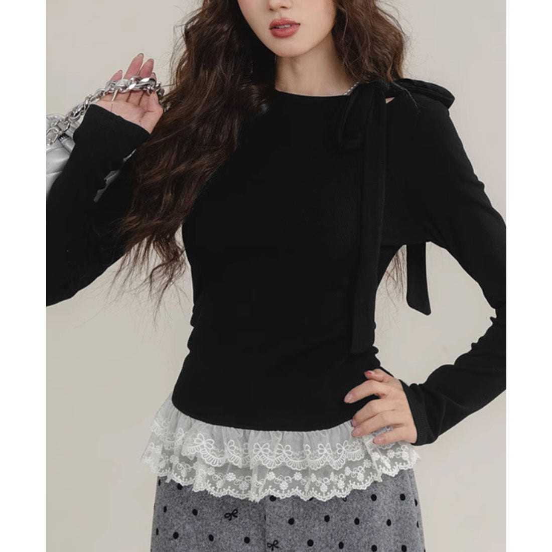 ミニミニストア miniministore リボンネックニット 裾レースカットソー秋 (ブラック) ブラック