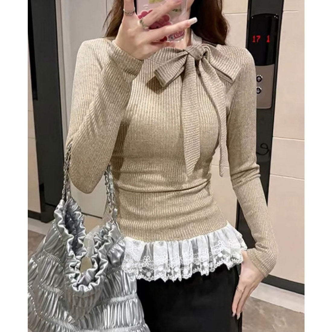 ミニミニストア miniministore リボンネックニット 裾レースカットソー秋 (ブラック) ブラック