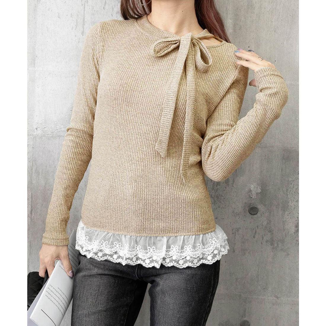 ミニミニストア miniministore リボンネックニット 裾レースカットソー秋 (ブラック) ブラック