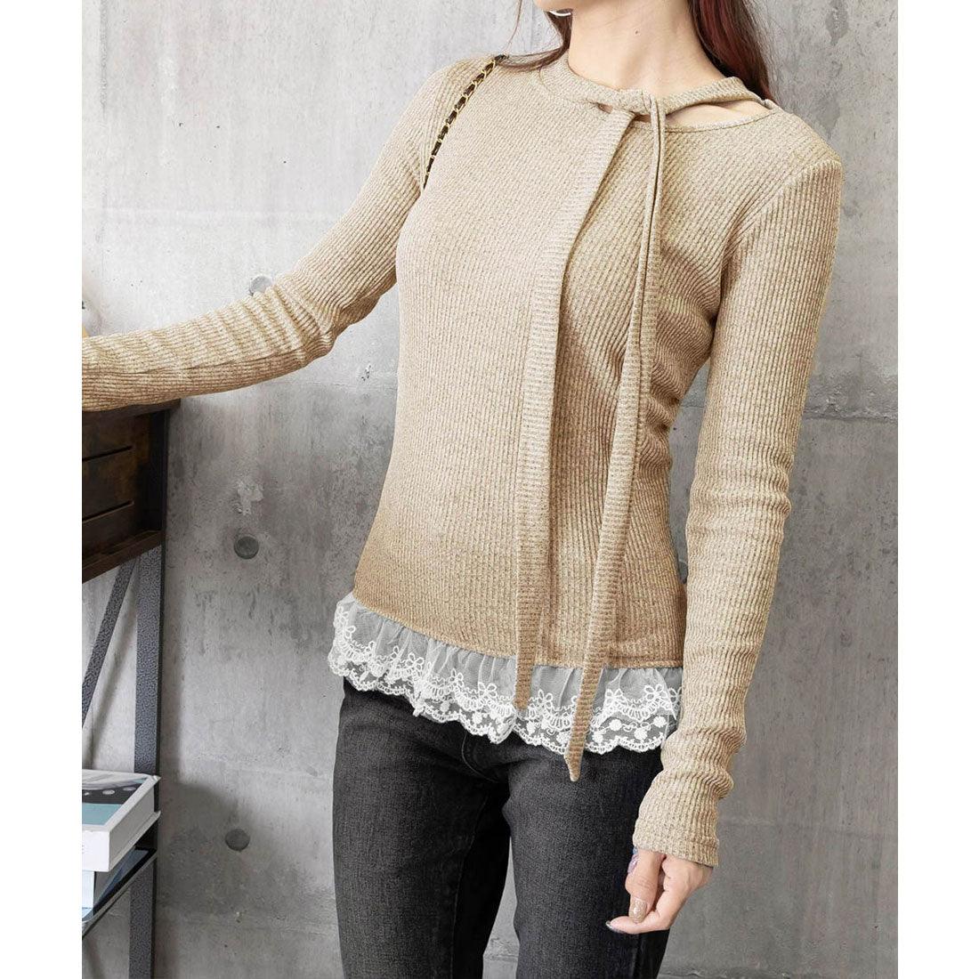 ミニミニストア miniministore リボンネックニット 裾レースカットソー秋 (ブラック) ブラック