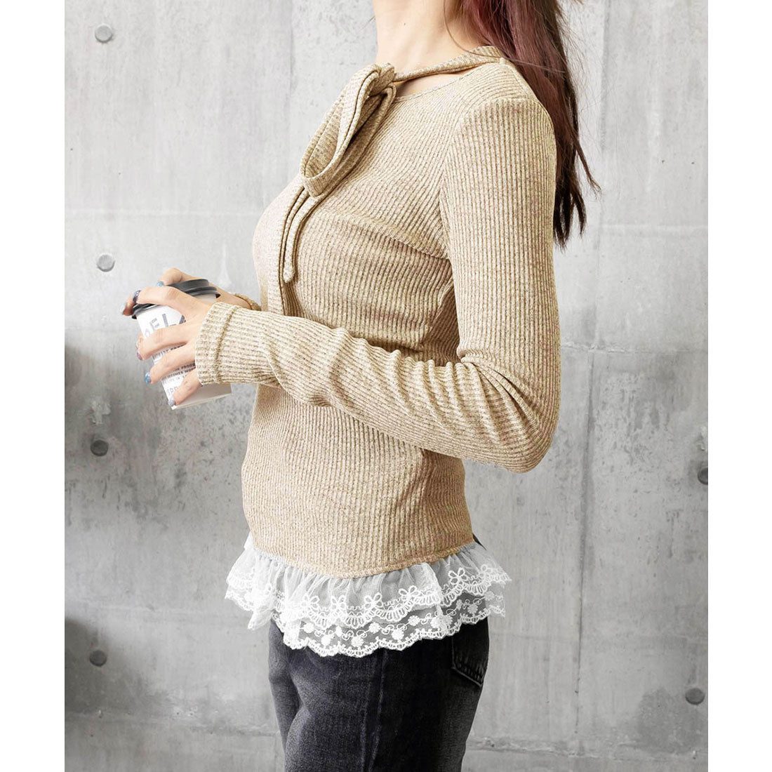 ミニミニストア miniministore リボンネックニット 裾レースカットソー秋 (ブラック) ブラック