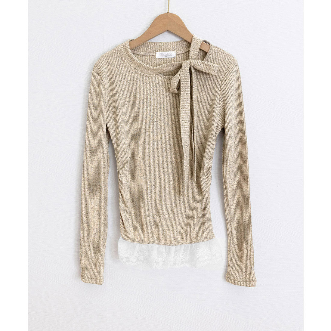 ミニミニストア miniministore リボンネックニット 裾レースカットソー秋 (ブラック) ブラック