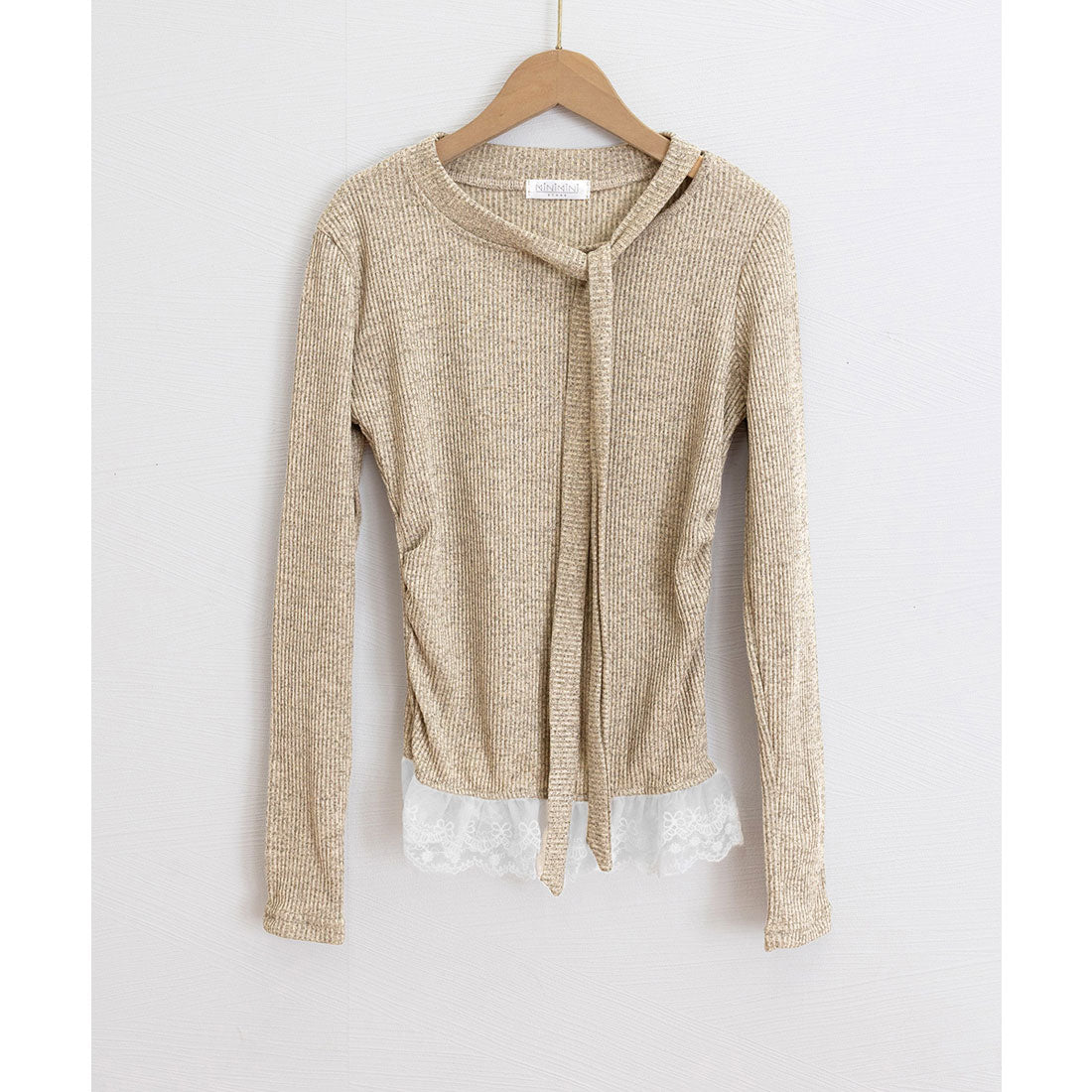 ミニミニストア miniministore リボンネックニット 裾レースカットソー秋 (ブラック) ブラック