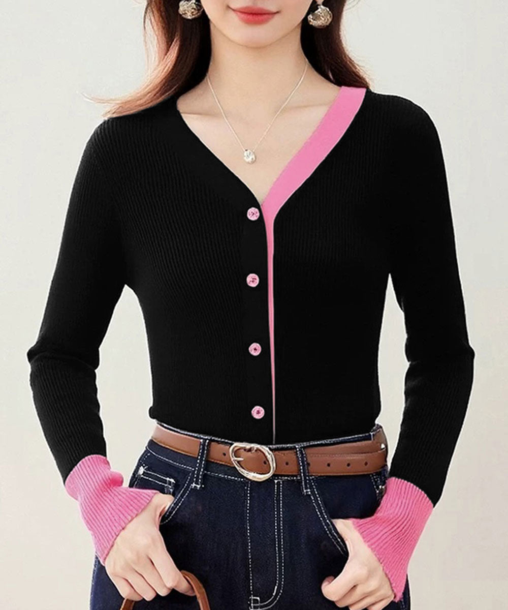 バイカラーニットカーディガンレイヤード風 ブラック