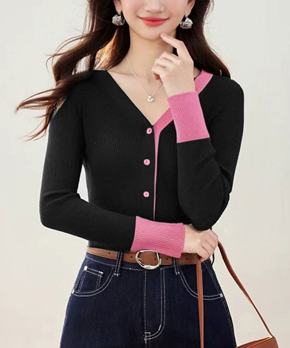 バイカラーニットカーディガンレイヤード風 ブラック