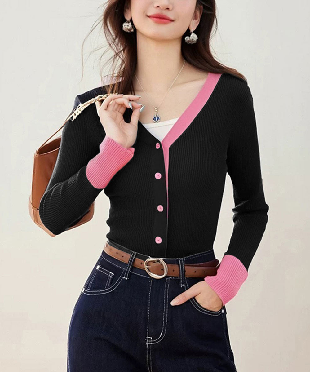 バイカラーニットカーディガンレイヤード風 ブラック