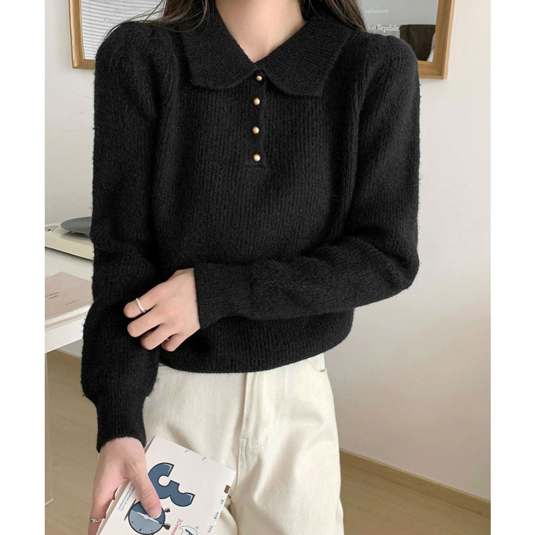 ミニミニストア miniministore ポロカラーニットトップス ゴールドボタン (ワインレッド) ワインレッド