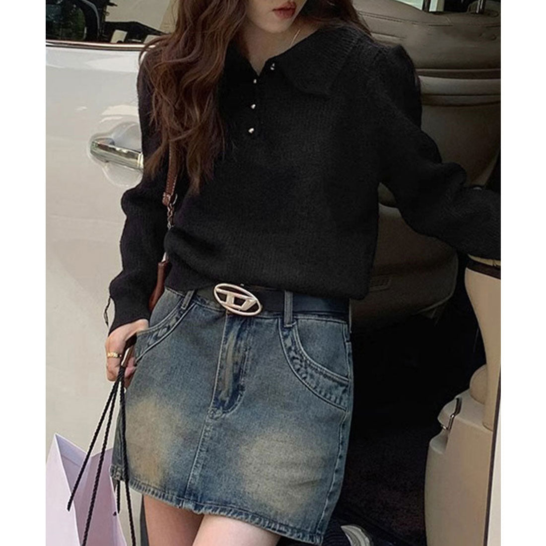 ミニミニストア miniministore ポロカラーニットトップス ゴールドボタン (ワインレッド) ワインレッド